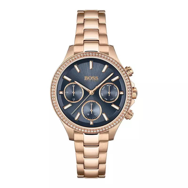 Jam Tangan Wanita Hugo Boss Hera 1502566 Ladies Blue Sunray Dial Gold Stainless Steel Strap