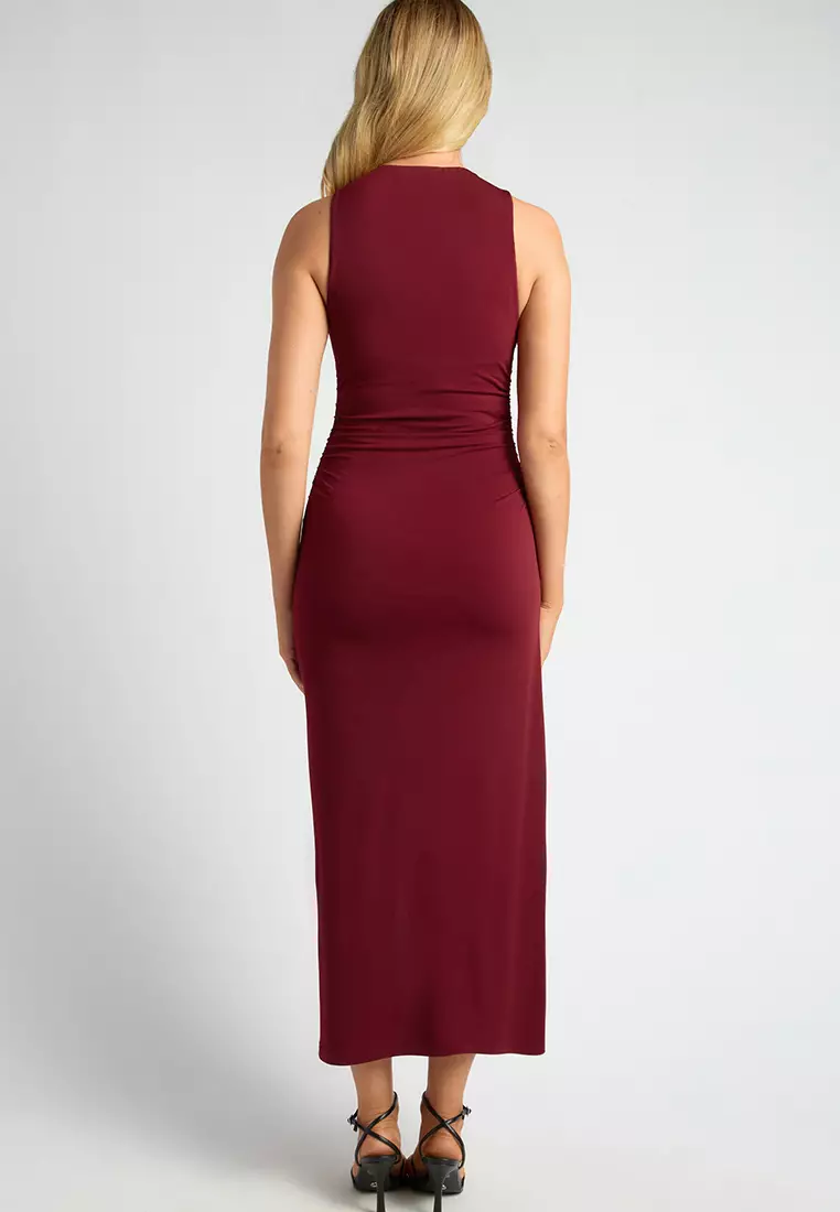 Ruched Detail Racer Jersey Dress With Side Slit