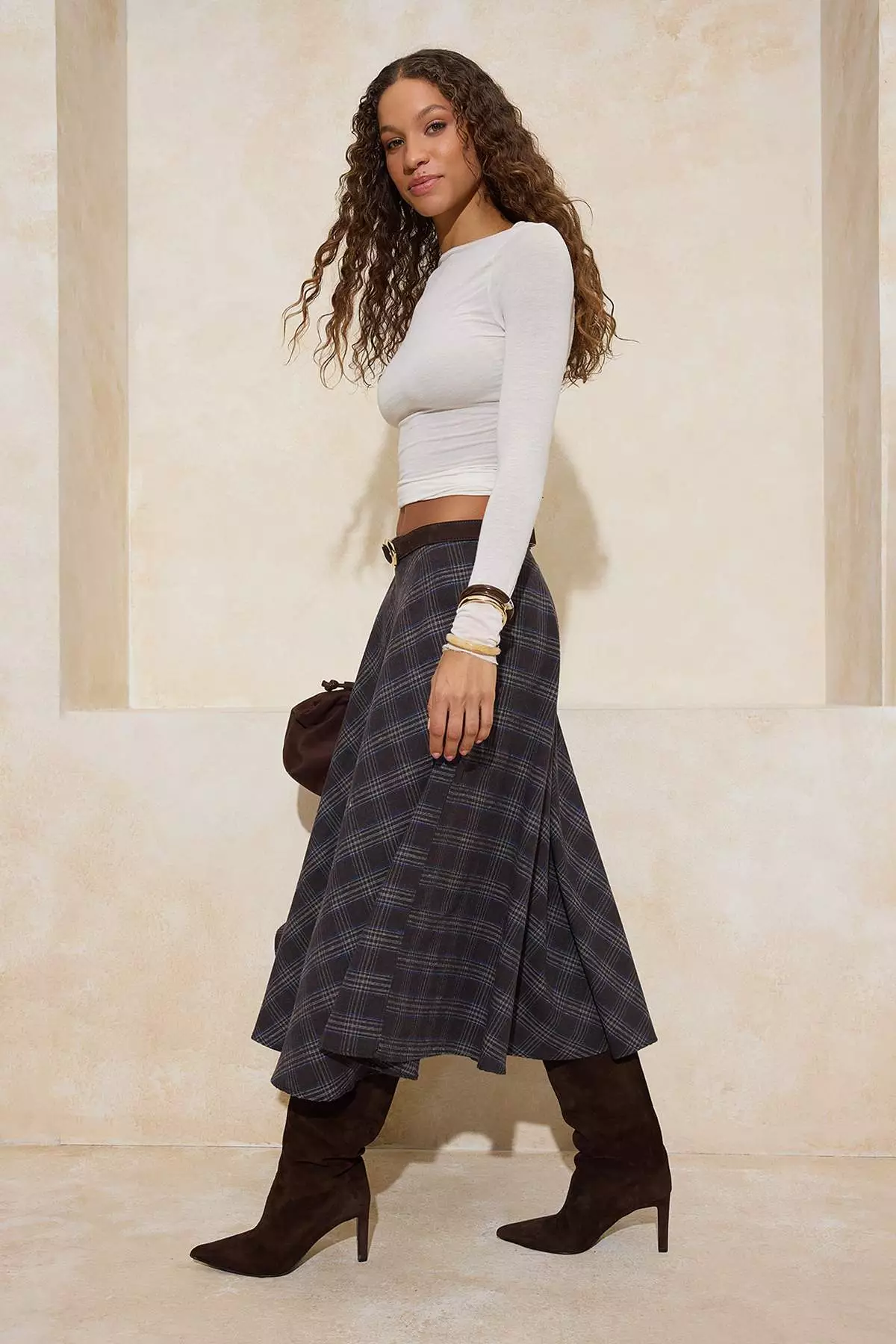 Brown Plaid/Checkered Flannel Woven Flared Midi Skirt Twoaw26Et172