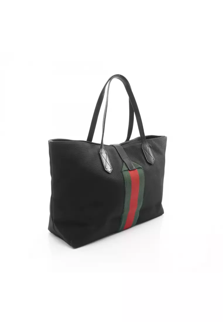 Pre-Loved Gucci sherry line Handbag tote bag canvas leather black green Red