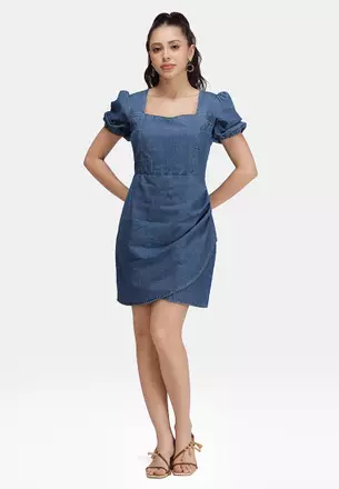 white christmas dresses Self-Portrait Denim Flared Frill Mini Dress main image 0