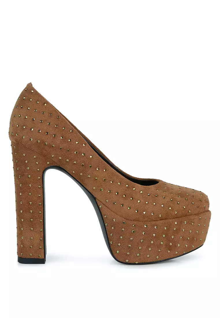 Discount on Rag & Co.  shoes - SKU: Tan Diamante Platform Heel Block Pumps