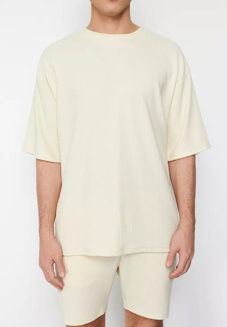Ecru Premium Oversized Crew Neck Short Sleeve Textured Ottoman T-Shirt