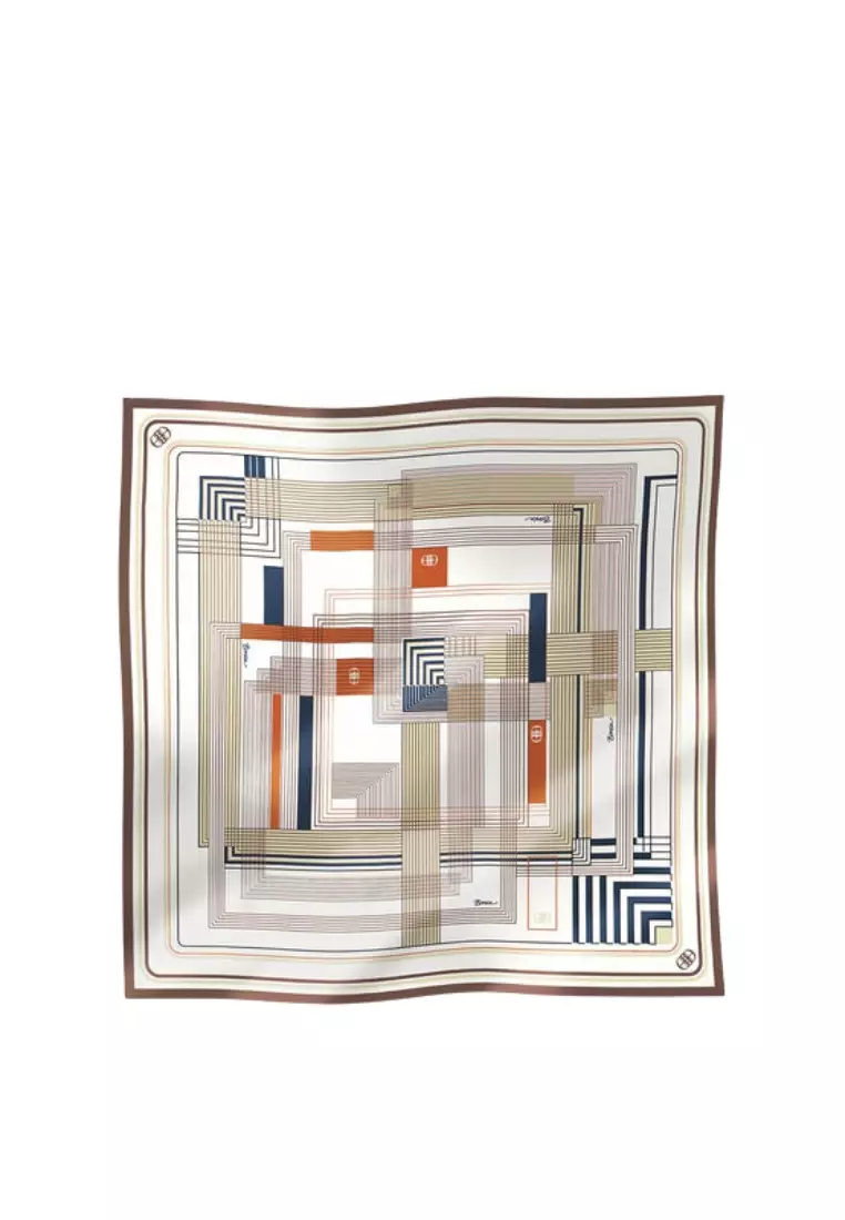 Beige Geometric Twill Silk Scarf