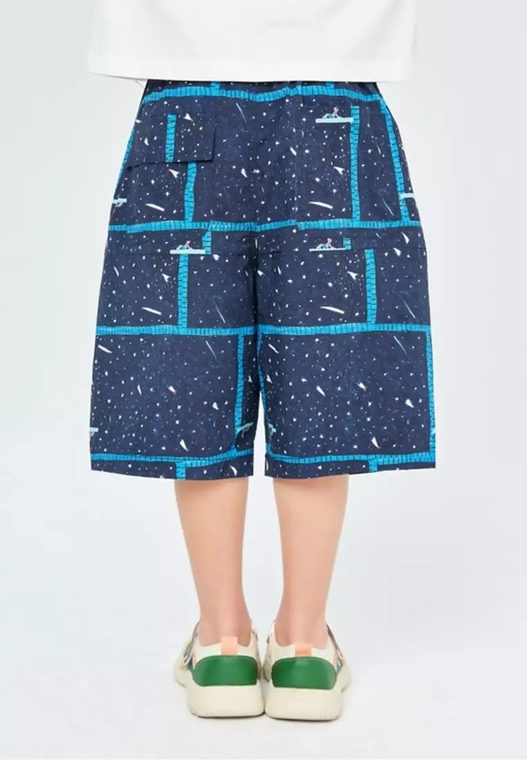 马拉丁男梭织中裤花藏青夏季裤