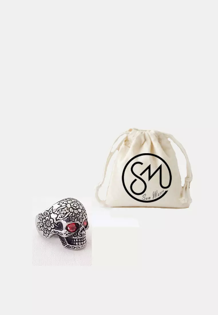 Accessories Pria Red Eyed Skull Head Premium Stainless-Steel Cincin Pria Ring Silver