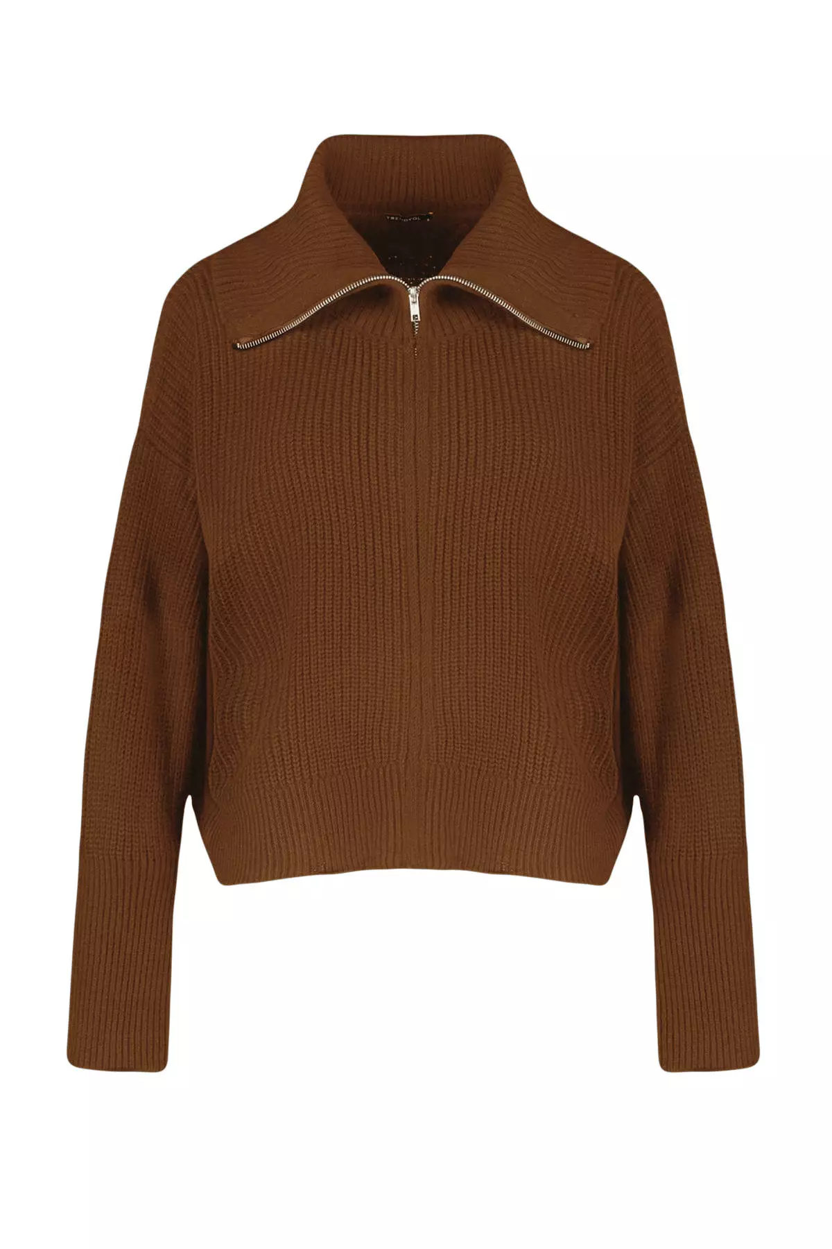 Light Brown Wide Fit Turn Down Collar Zipper Knitwear Cardigan