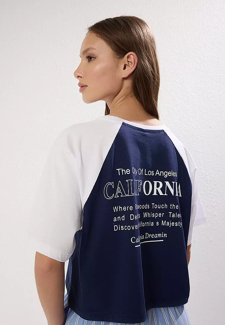 Navy Blue Color Block Slogan Printed Relaxed Crop Knit T-Shirt