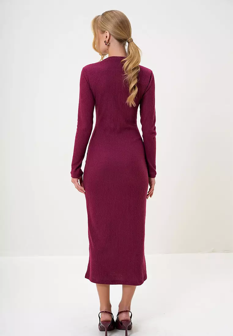 Crew Neck Long Sleeve Interlock Fabric Midi Length Dress