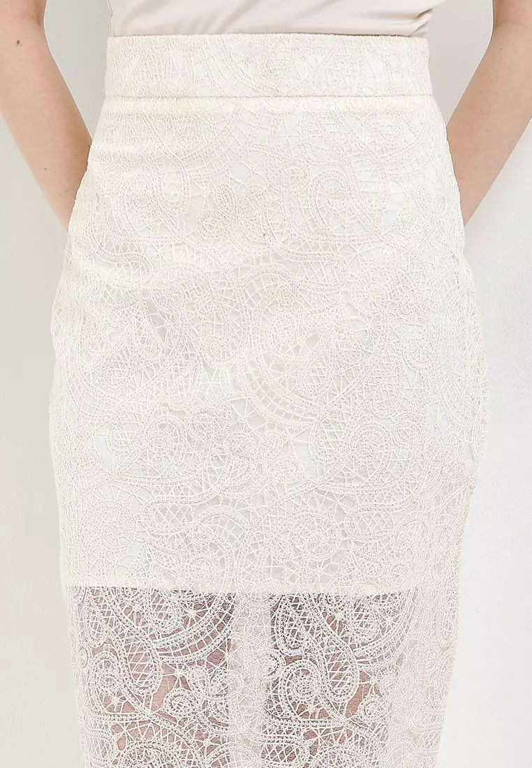 Sequined Lace Midi Pencil Skirt W/ Slit
