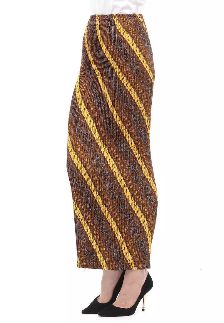 Rok Plisket Motif Batik Bawahan Wanita Design Casual - Parang Strip Kuning