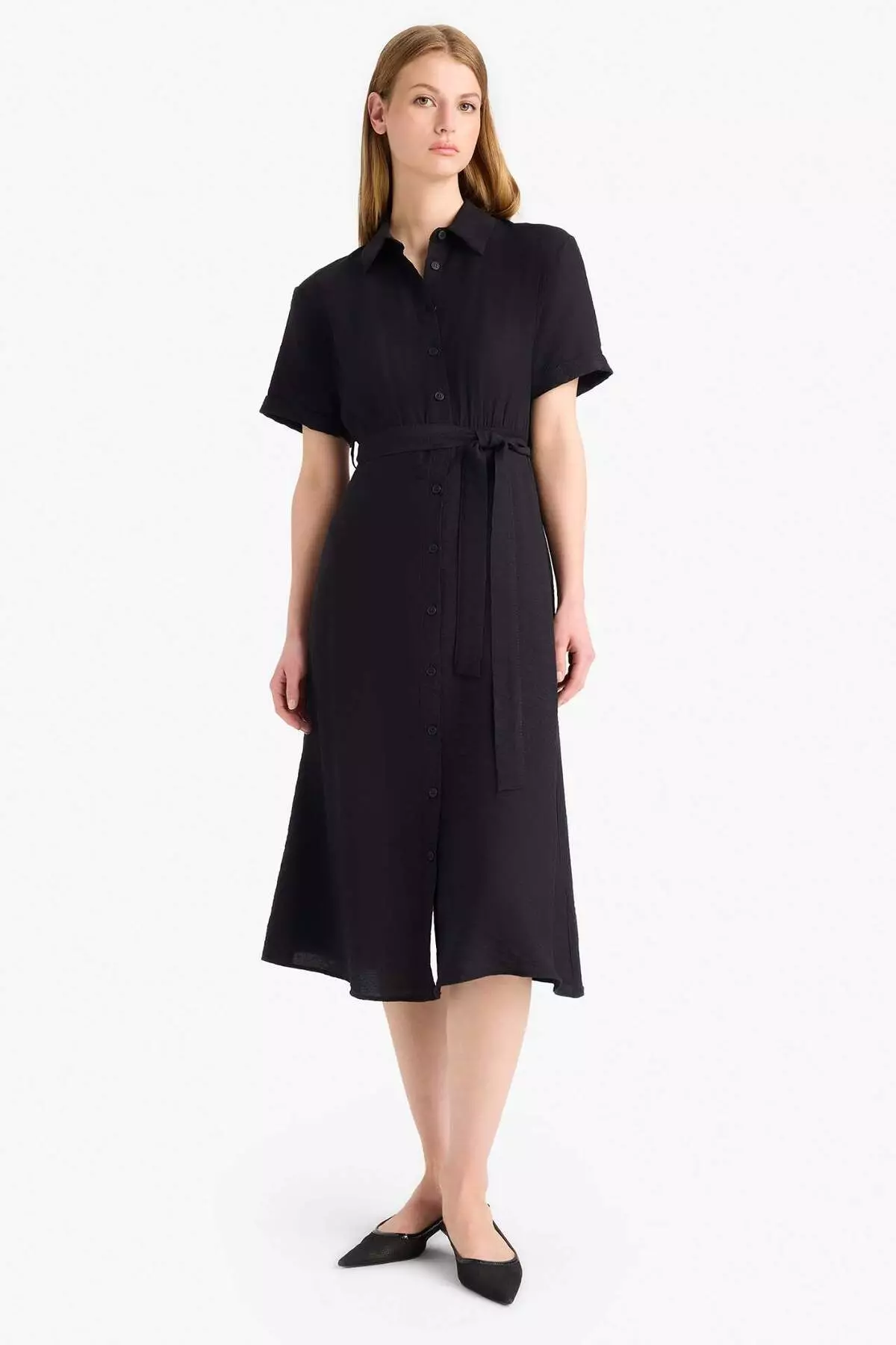 Shirt Collar Belted Short Sleeve Midi Black Summer Dress F2113Ax25Sm