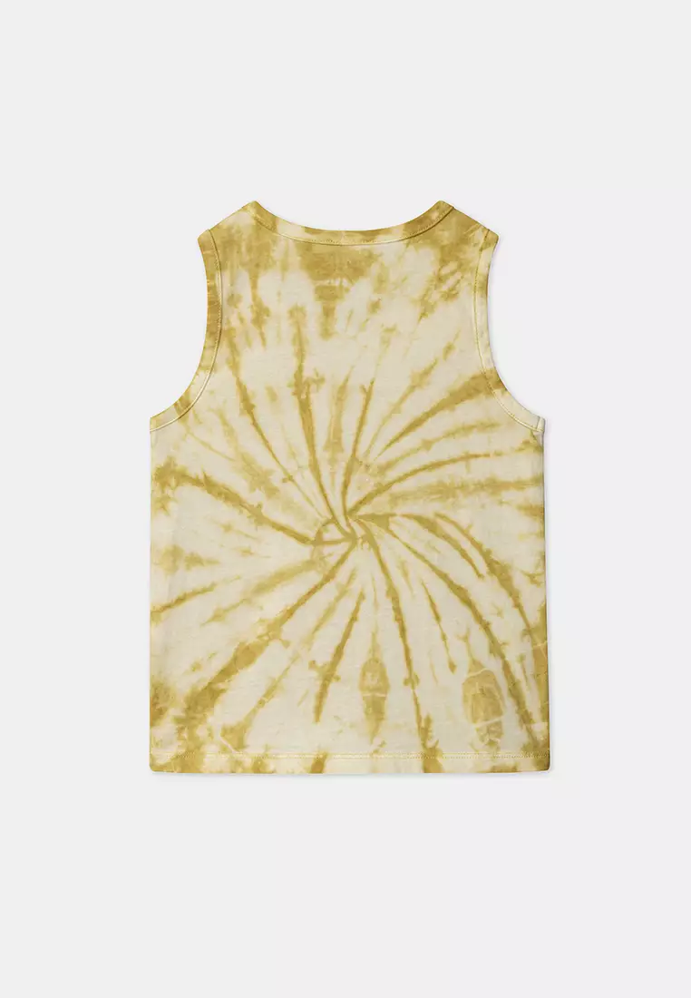 MUSTARD AND WHITE TIE AND DYE TANK TOP WITH JERSEY SHARK MOTIF