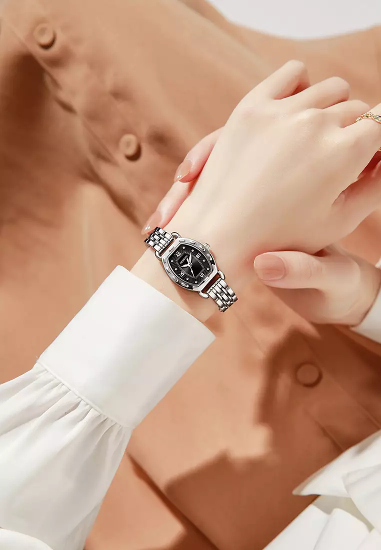 Jam Tangan Wanita Korea Original Tonneau Dial Berlian Anti Air Jam Tangan Cewek silver black