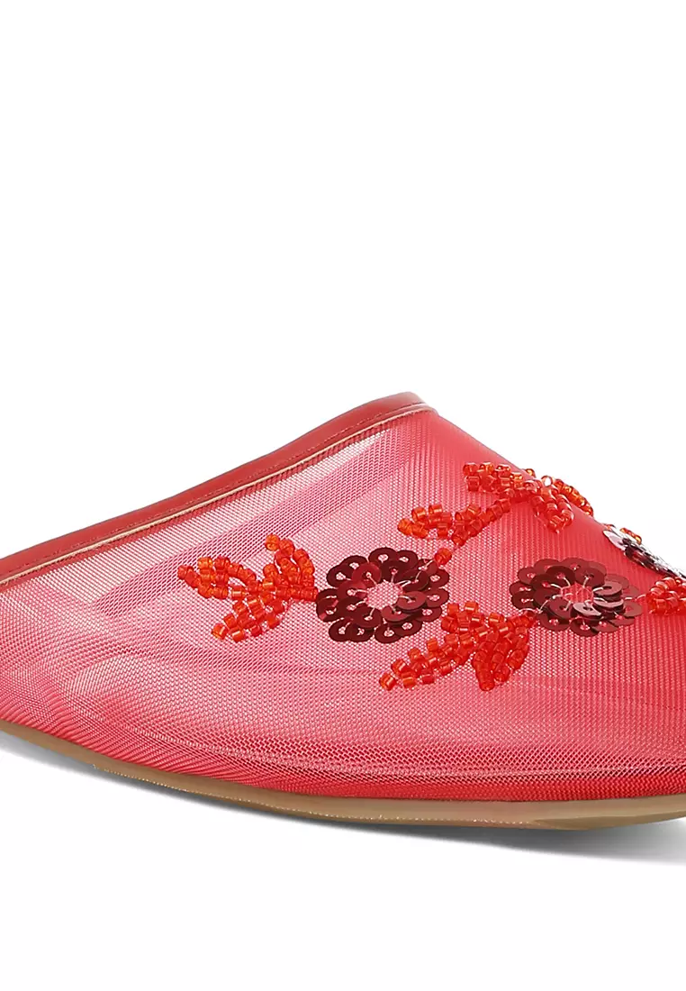 Mesh Sequin Beaded Mules In Red