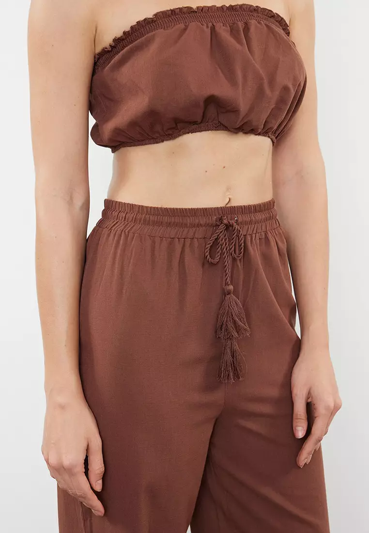 Brown  Weaving 100% Cotton Blouse Trousers Beach Set TBESS21AU0444