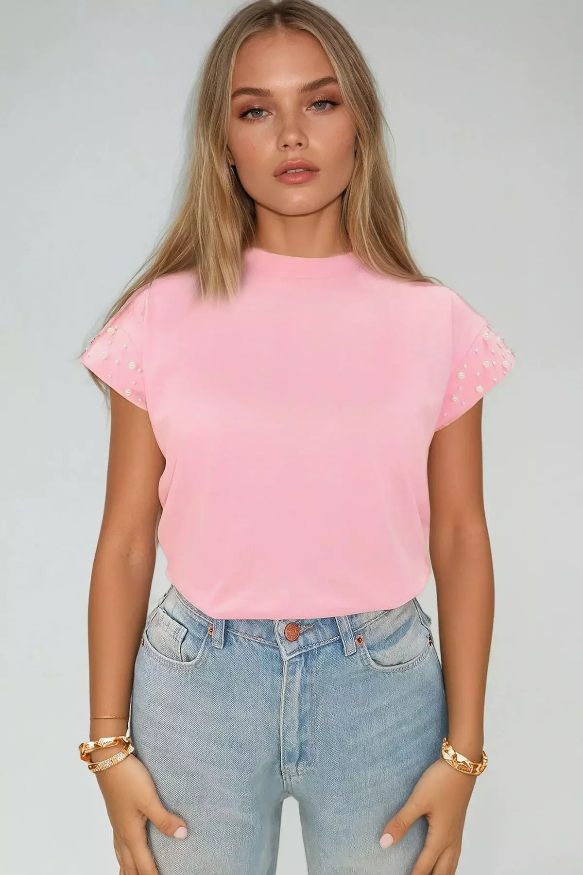 Women's Pink Crew Neck Pearl Studded Sleeveless Blouse