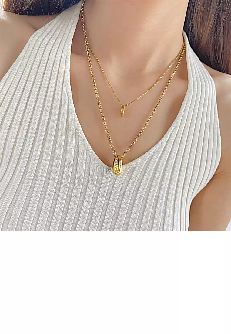 Simple and Fashion Plated Gold 316L Stainless Steel Coffee Bean Pendant with Double Layer Necklace