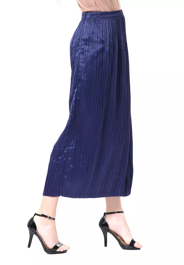 Angely Rok Plisket Rubbery Waist Fashion Wanita Simple - Navy