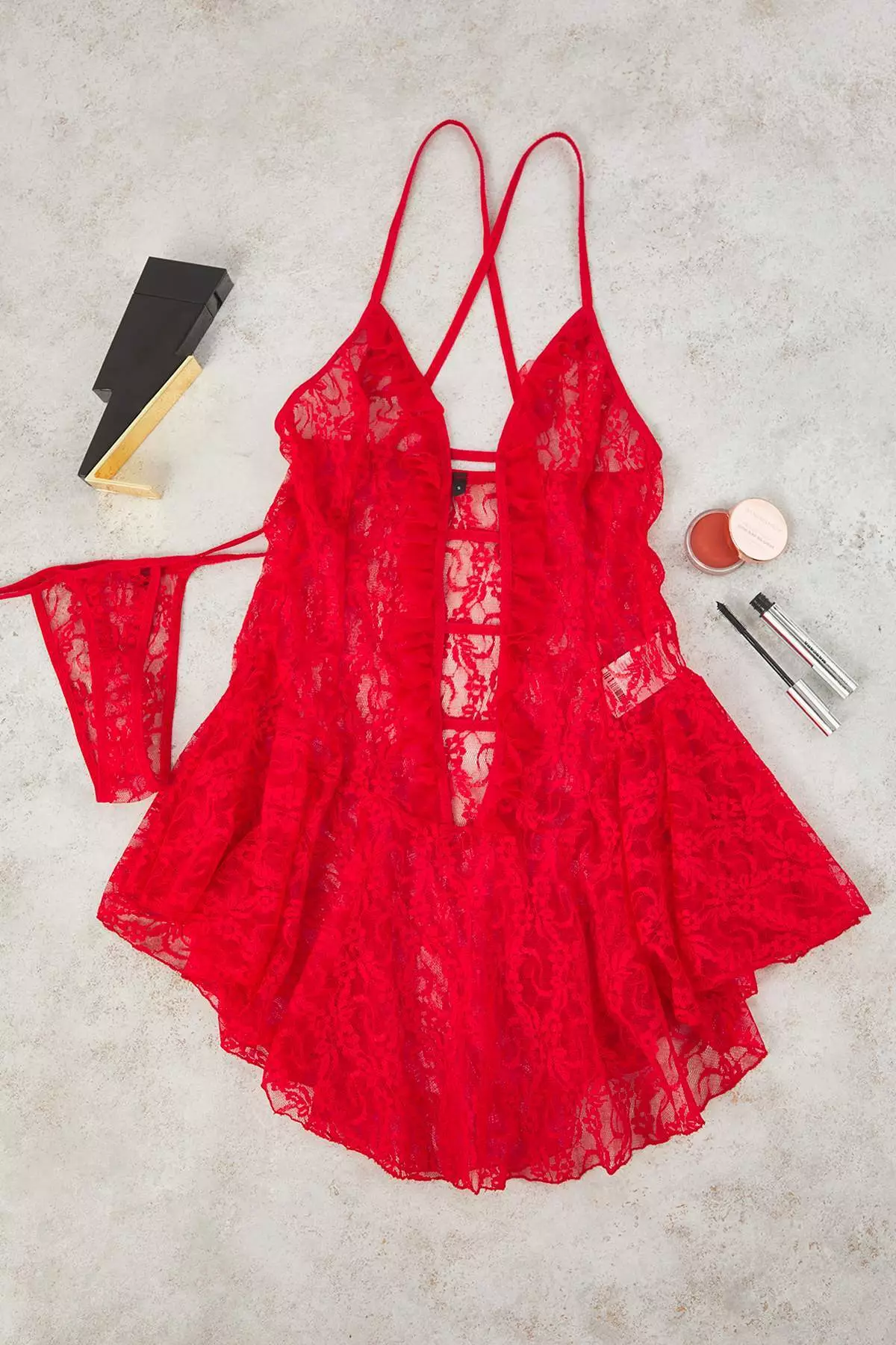 Red Window/Cut Out Detailed Pantyhose Lace Coverless Knitted Babydoll/Fantasy Nightgown