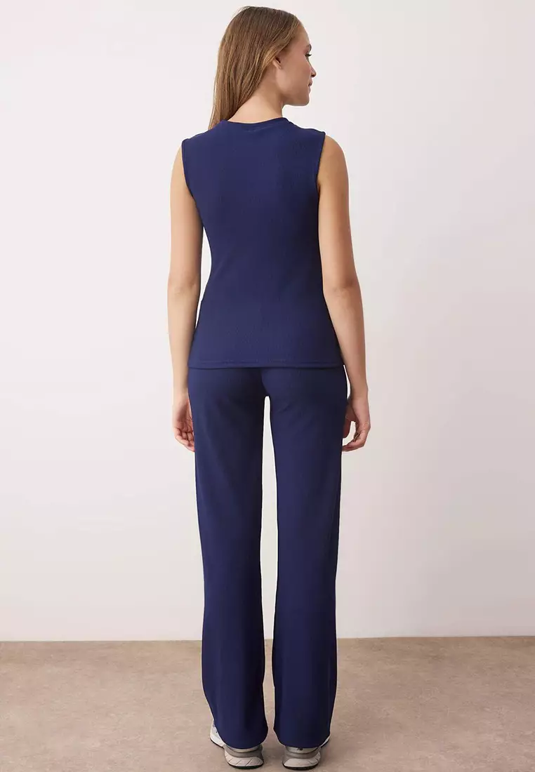 Navy Blue Silver Button Accent Piece Zero Sleeve Top Regular Pants Knitted Bottom - Top Set Twoaw26Au83