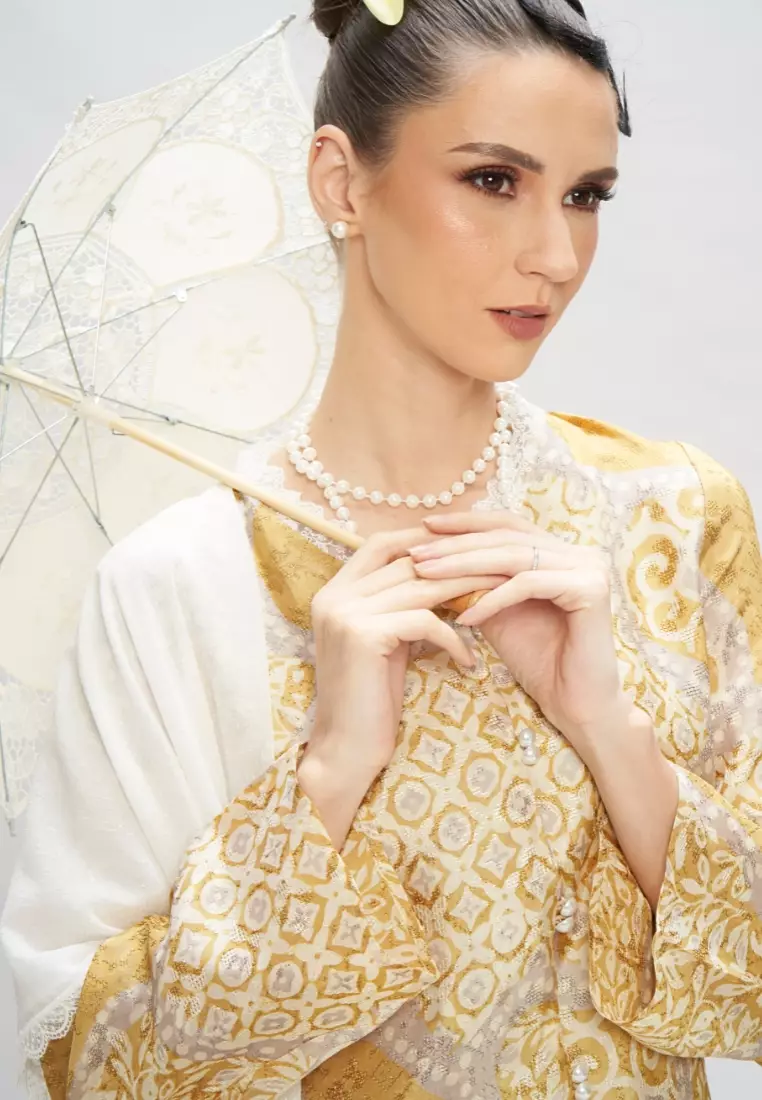 Premium Batik Mustard Kebaya & Satin Wrap Skirt Modern Baju Kurung