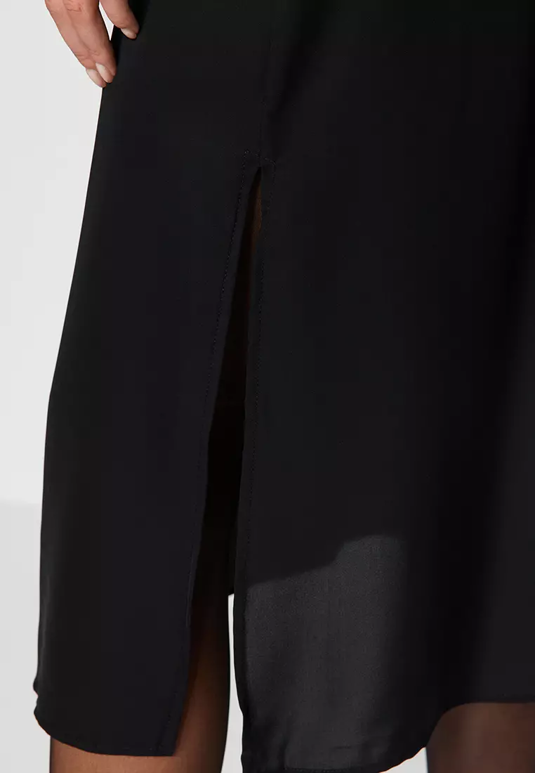 Black Midi Slit Woven Dress