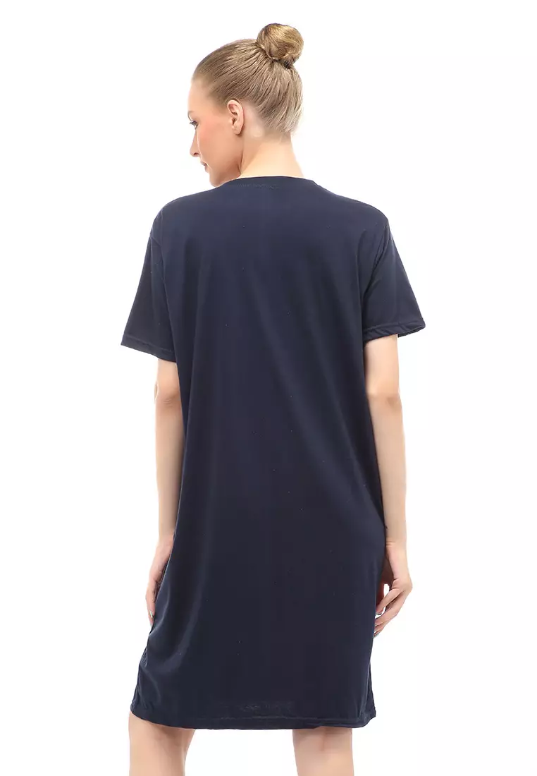 Finch Midi Dress Wanita Short Sleeves Motif Polos - Navy