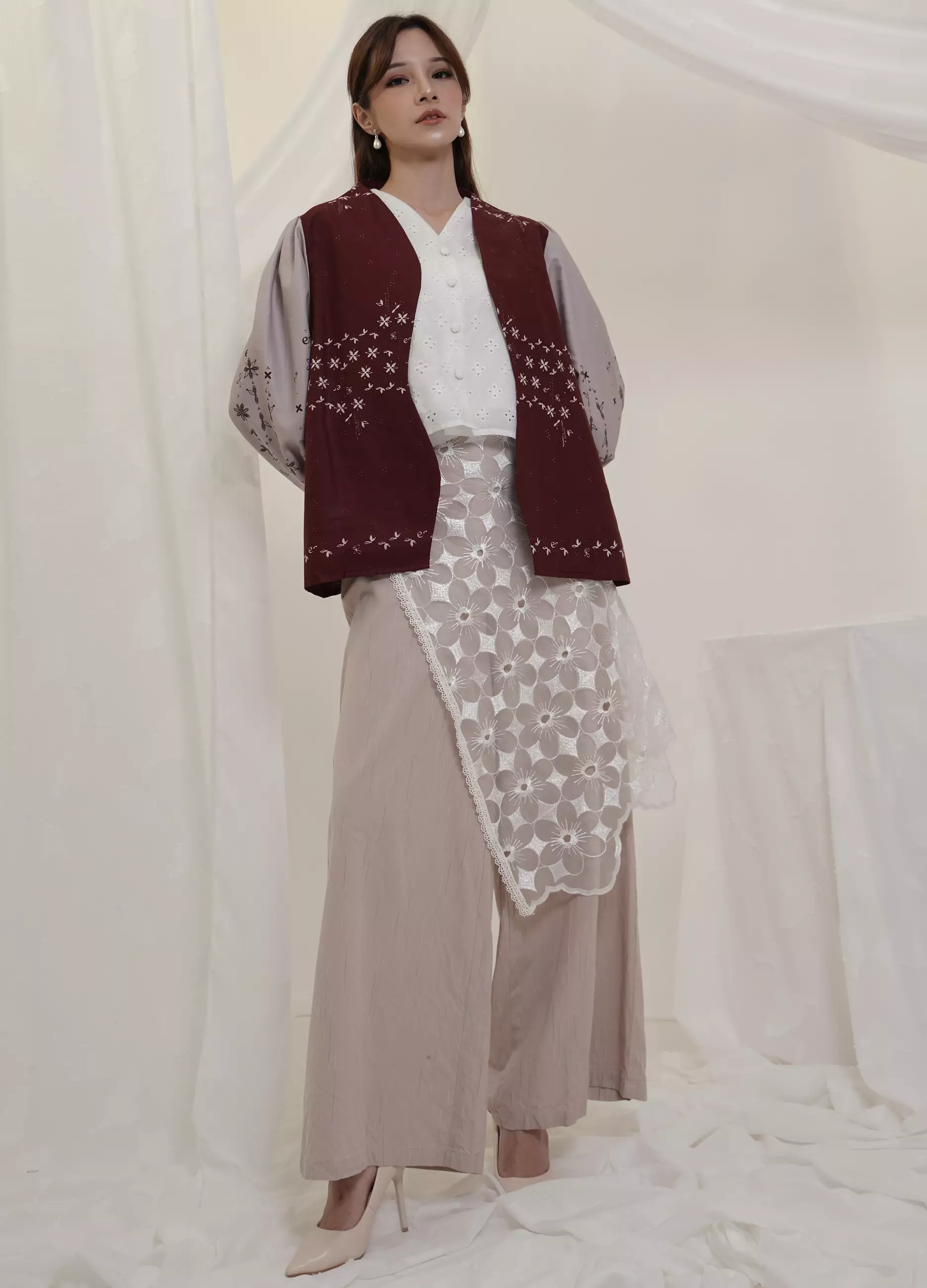 Outer Cardigan Atasan Wanita Rianty x Ederra Palaruna Maroon Long Sleeve