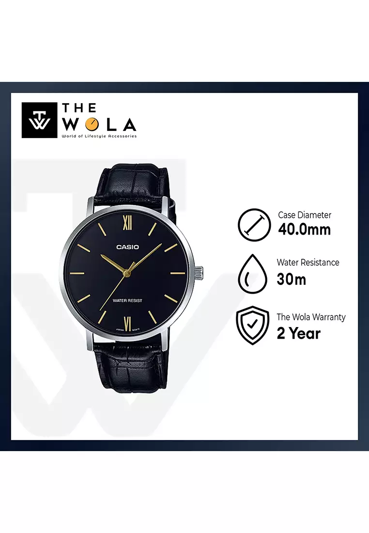 Men Analog Watch MTP-VT01L-1B Black Leather Strap