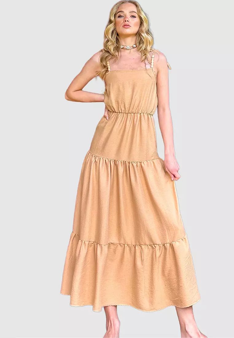Buy Alacati Women's Dark Beige Layered Flounce Strap Midilength Dress With  Bead Accessories Alc-X12333 Online | ZALORA Malaysia