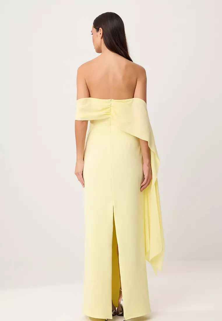 Light Yellow Plain Woven Finike Maxi Evening Dress & Graduation Dress