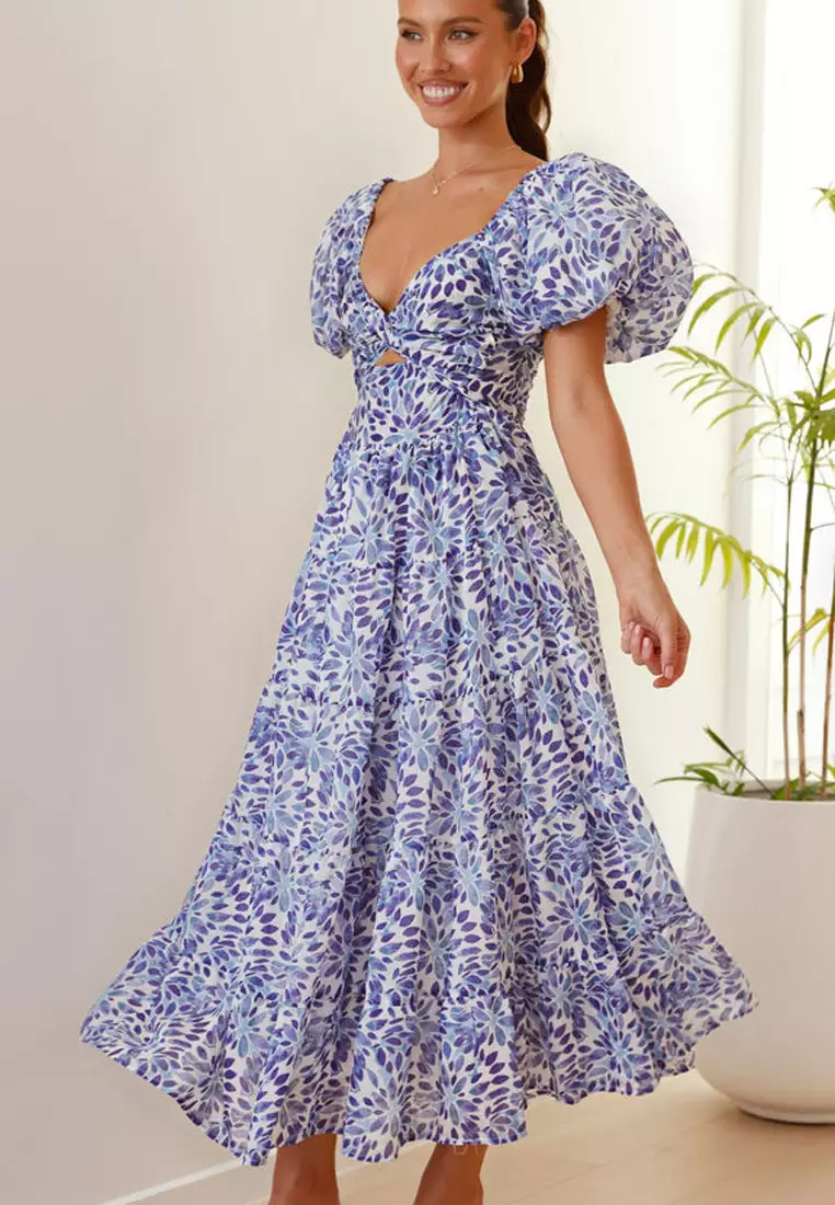 Summer casual printed waist cinched bubble sleeve dress CA25042266PU