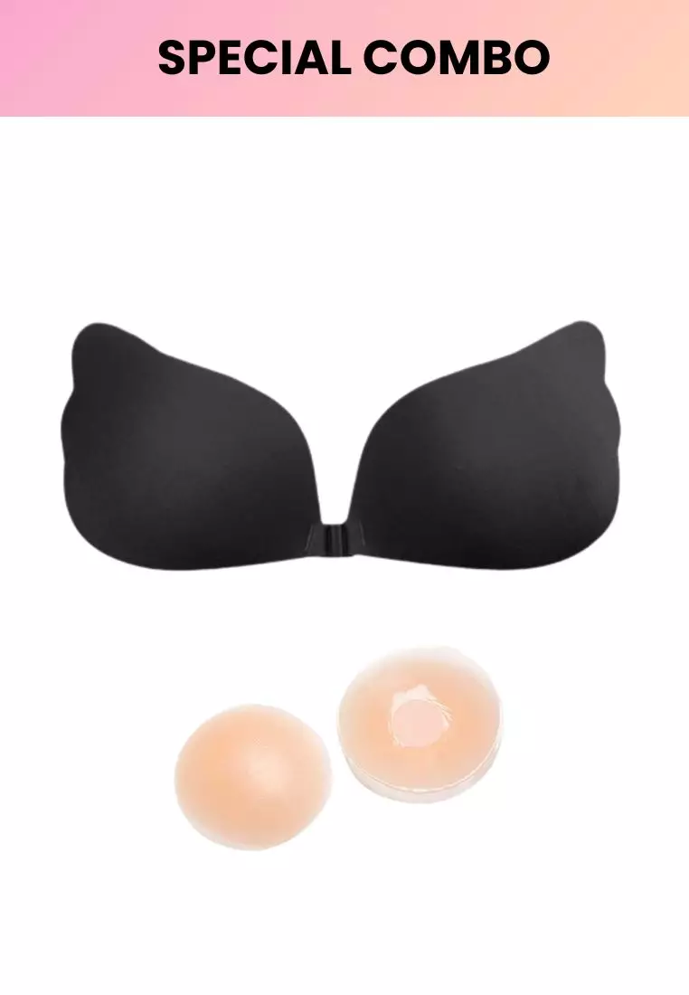 Special Bundle Angel Push Up Nubra in Black Seamless Invisible Reusable Adhesive Stick on Wedding Bra and Nipple Cover Silicone