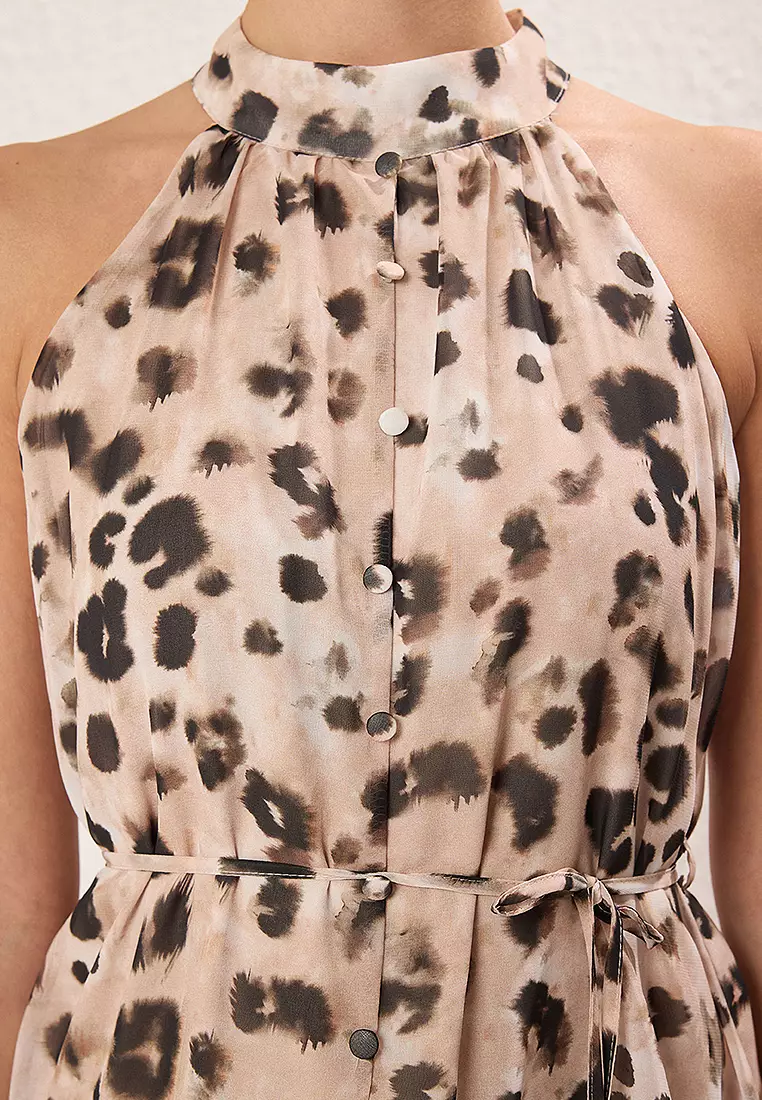 Mink Floral Skirt Belted Mini Woven Dress