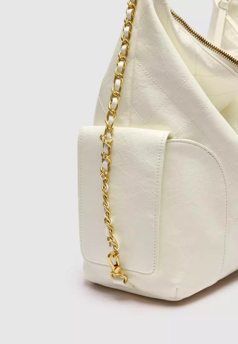 Pale Quilted Hobo Bag With Chain Strap