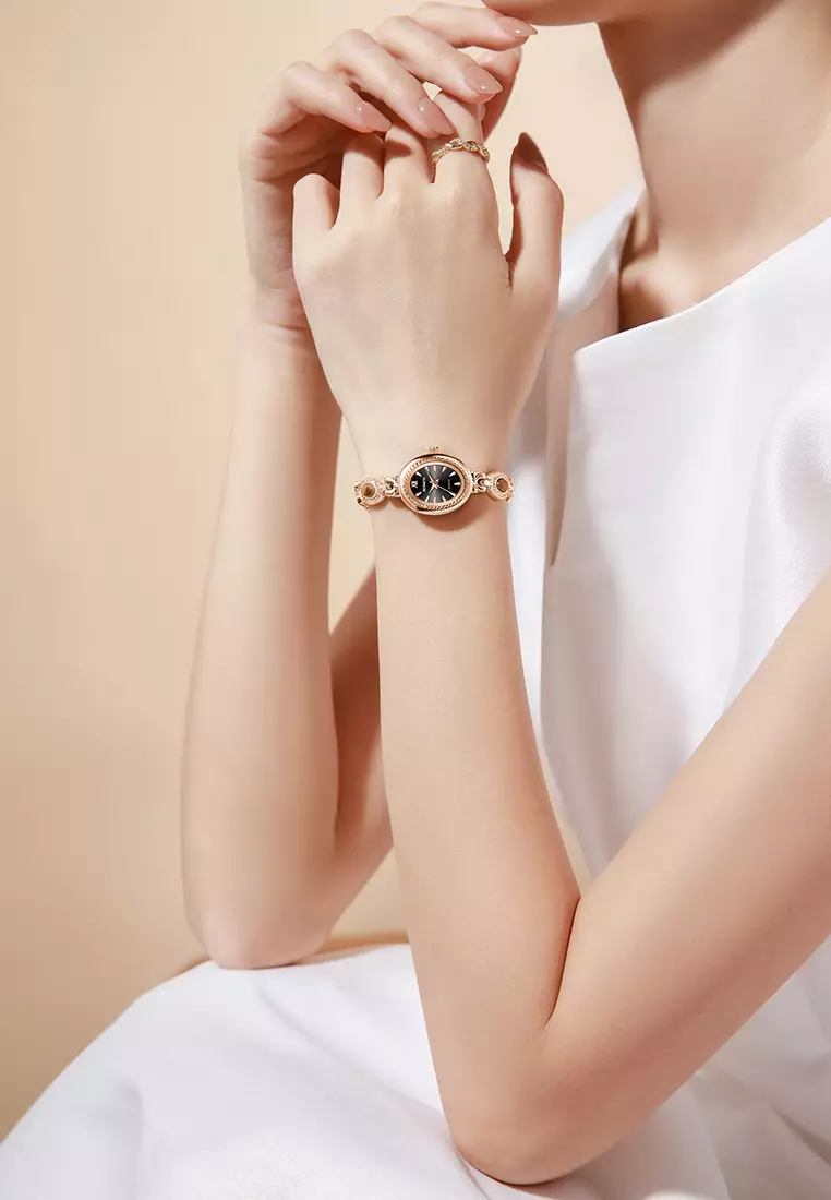 Jam Tangan Wanita Original Korea Style Kuasar Anti Air Tali Stainless Steel Jam Tangan Cewek B016 Rose black