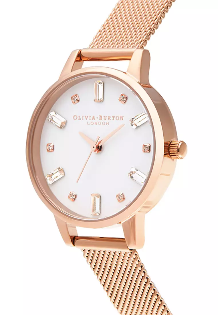 Bejewelled White Midi Dial Rose Gold Mesh OB16BJ02