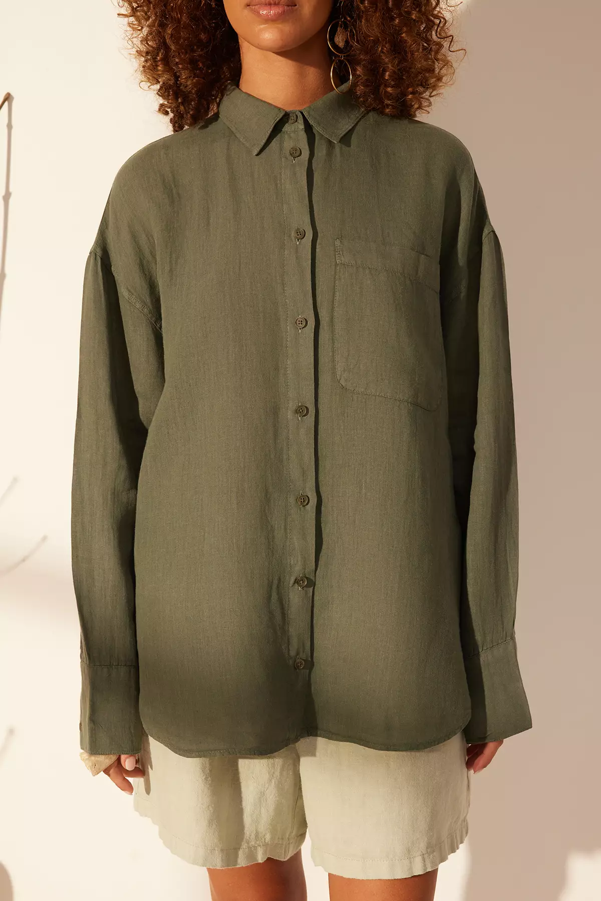 Green 1% Linen Pocket Detailed Oversized Shirt Twoss26Go39