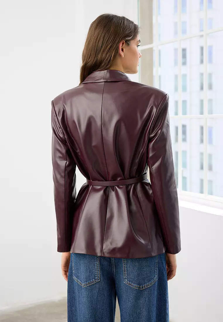 Burgundy Belted Double-Breasted Faux Leather Blazer Jacket