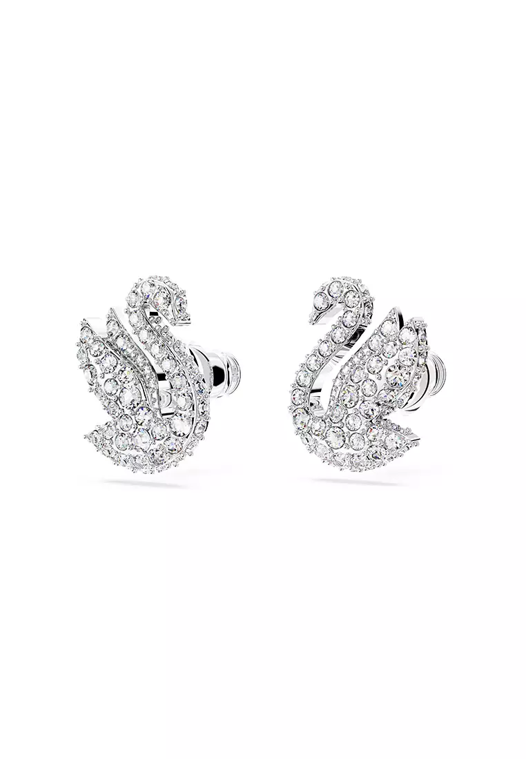 Iconic Swan Stud Earrings, Swan, White, Rhodium Plated