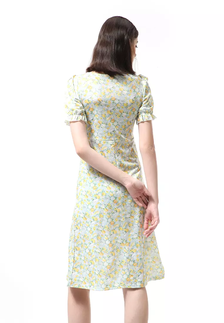 Rachel Dress Wanita Lengan Karet Flower Motive Model Belah Samping Material Cotton ORIGINAL - Green