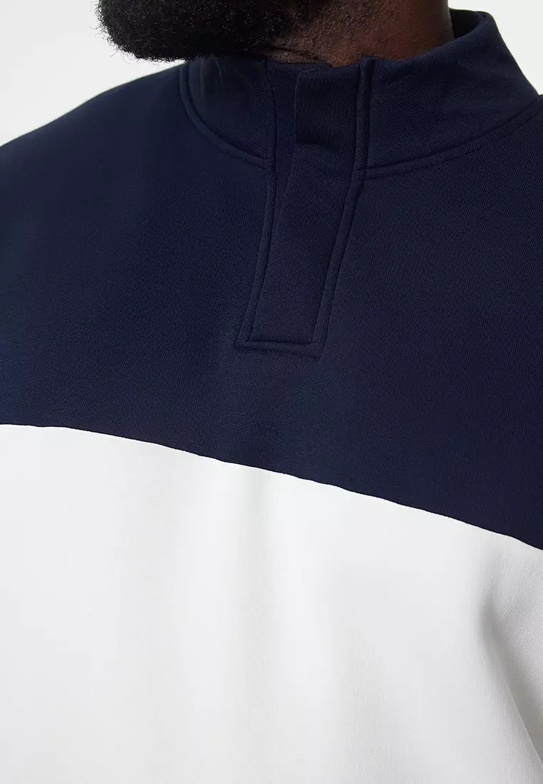 Navy Blue Oversize/Wide Cut Stand Collar Color Block Fleece Inside Plus Size Sweatshirt TMNAW25AO00033