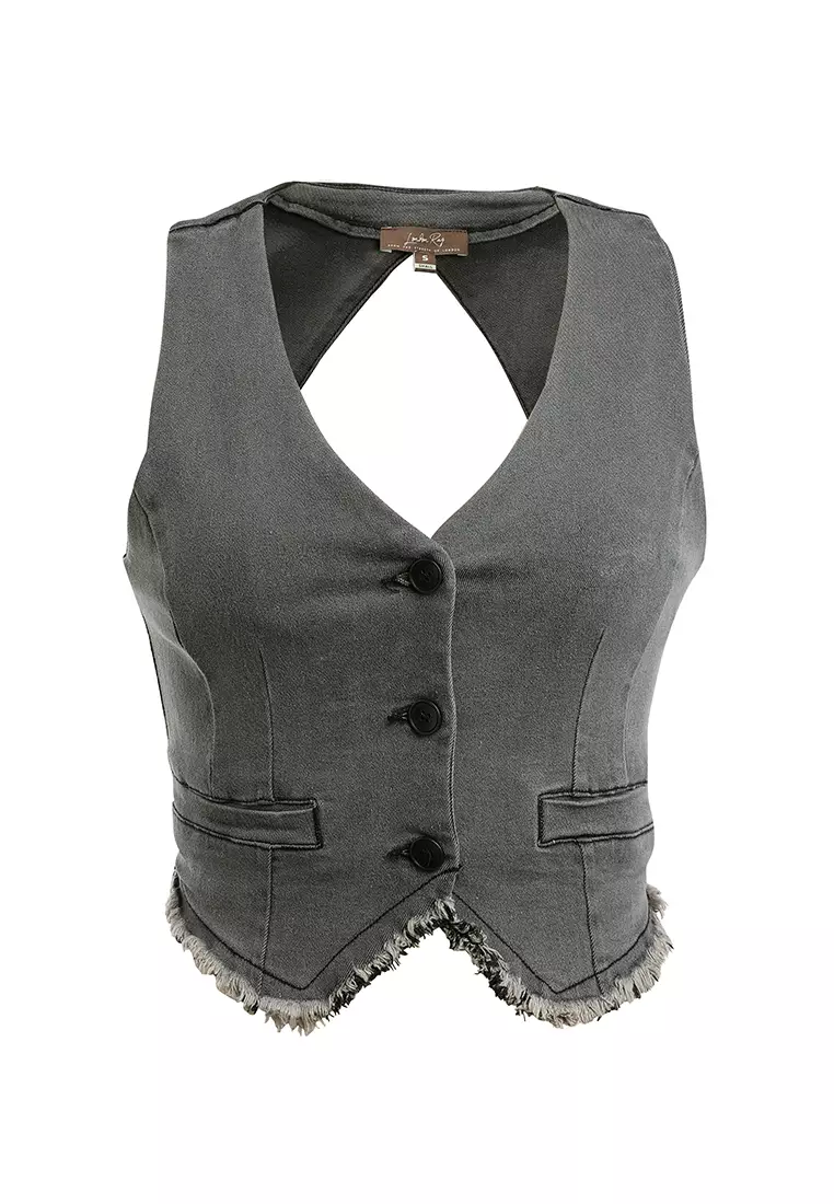 Backless Denim Waistcoat In Washed Black