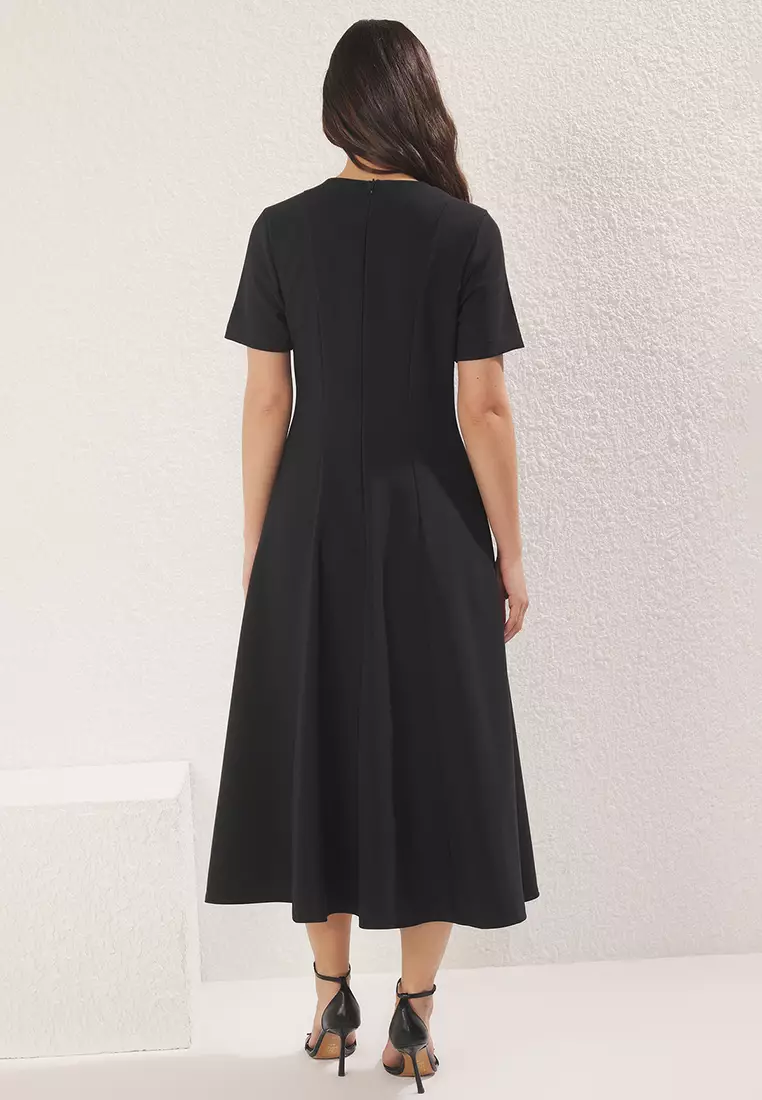 Black Midi Woven Dress with Open Waist Skirt TWOSS25EL00790