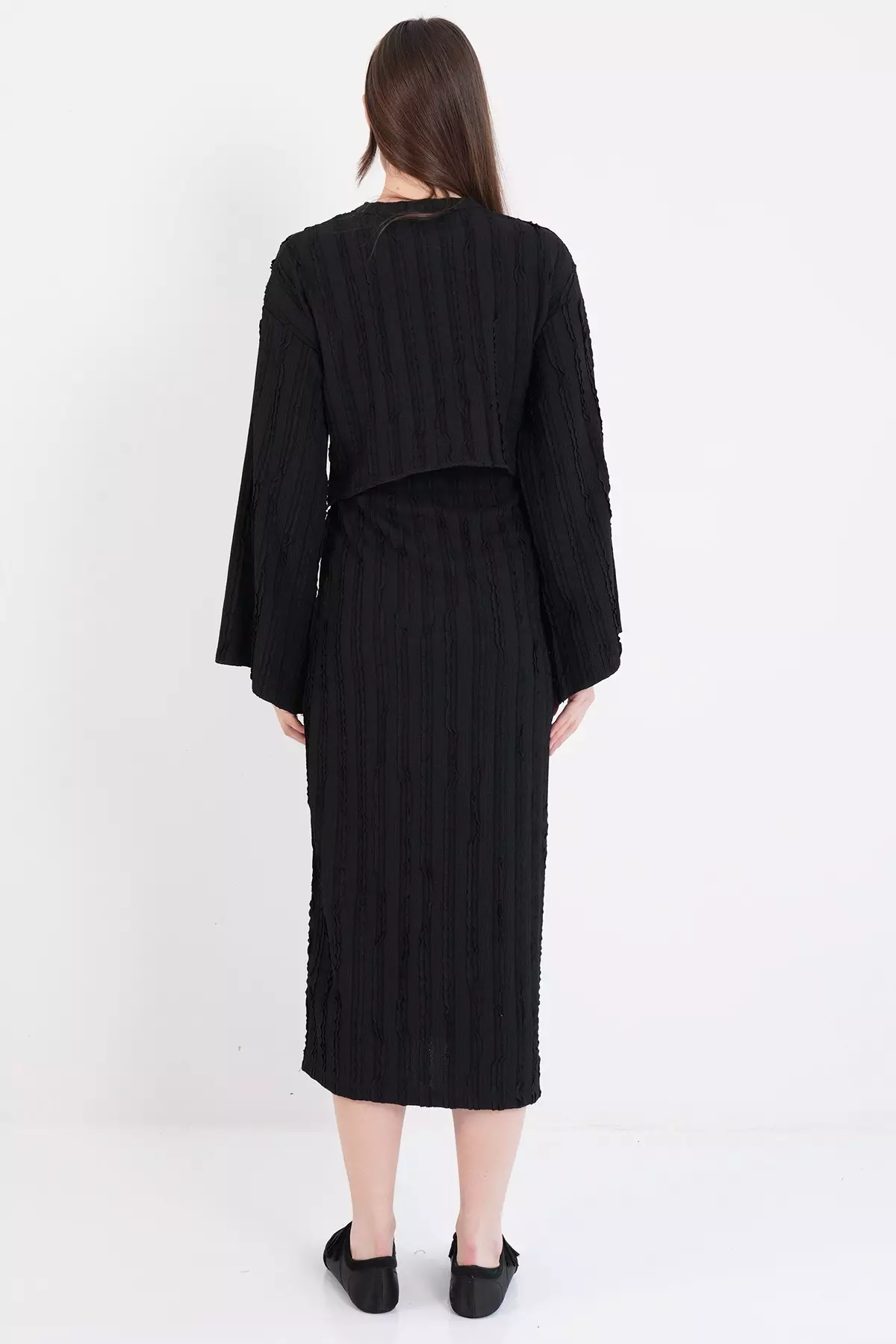 Black Asymmetrical Cut Blouse And Skirt Set With Stitching Detail Alc-X14808