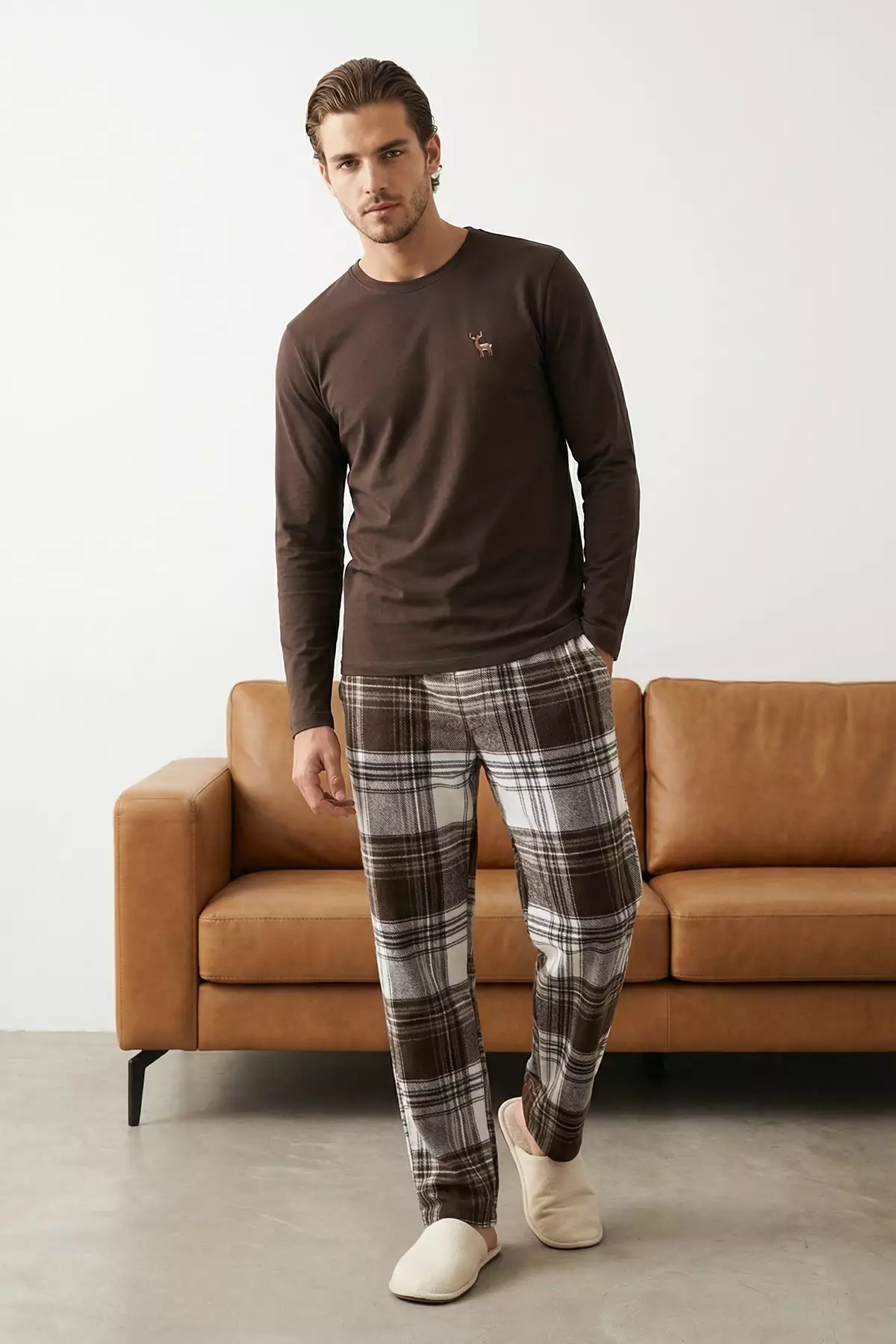 Brown Regular Plaid / Checkered Homewear Pajama Set Tmnaw26Pt00061