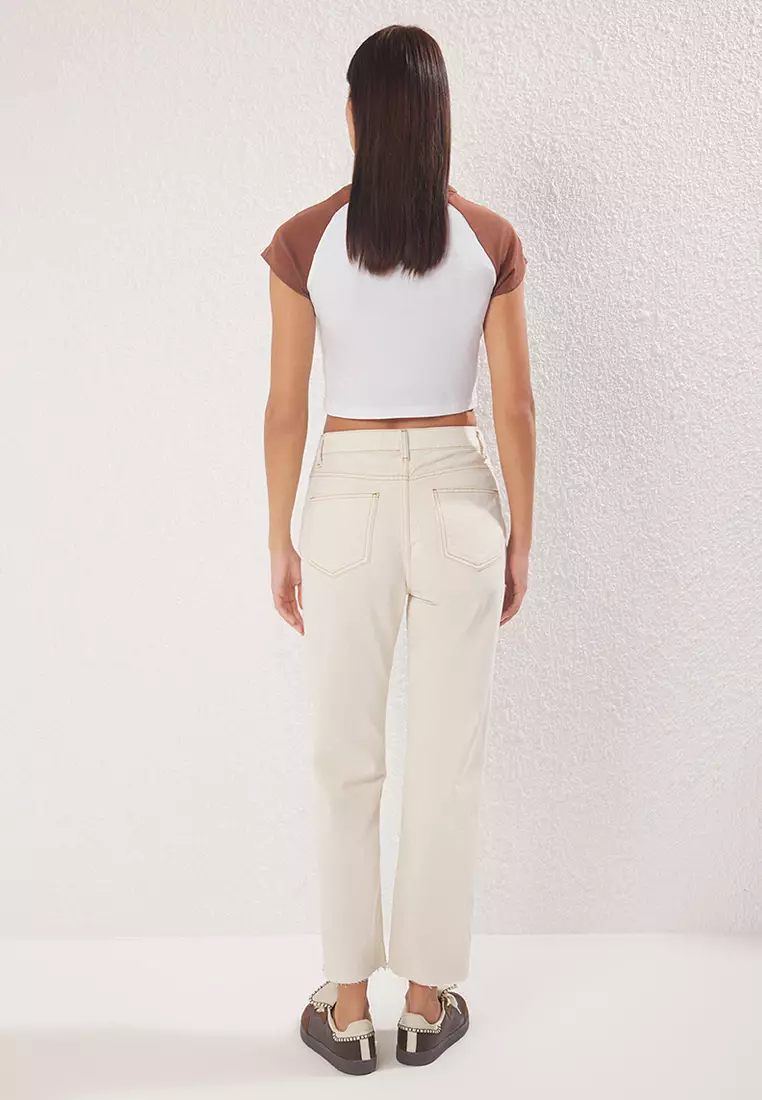 Ecru Cut-Off High Waist Straight Jeans TWOAW25JE00307