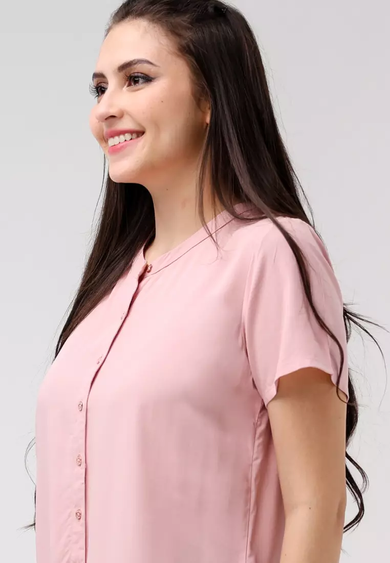 Woven Plain Rayon Short Sleeves Blouse