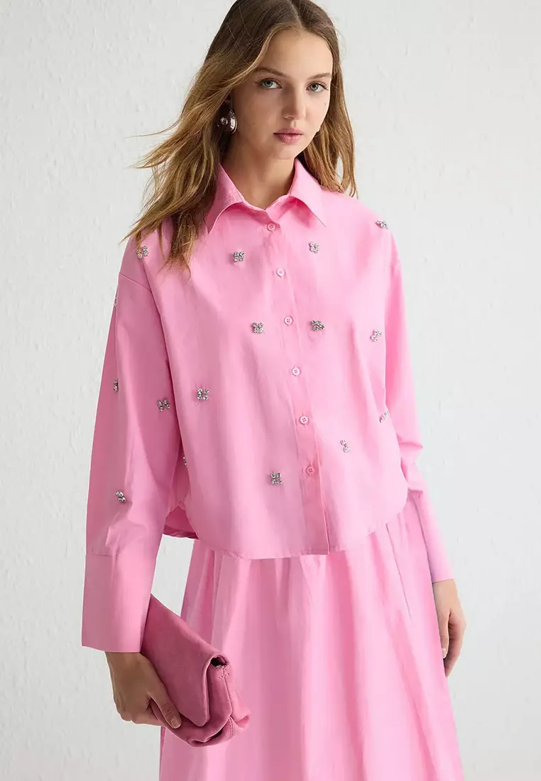 Pink Stone Accessory Detail Woven Shirt TCTSS25TG00007